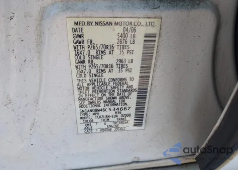 2006 Nissan Xterra S z USA, uszkodzony, nr VIN 5N1AN08W46C534667